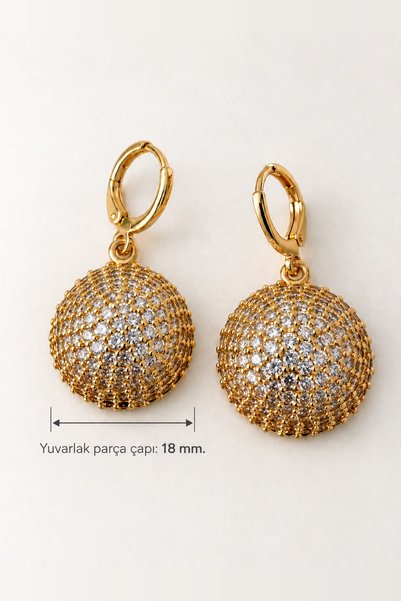 beus Zirkon Taşlı Yuvarlak Sallantılı Küpe 316L Paslanmaz Çelik Gold - Kadın