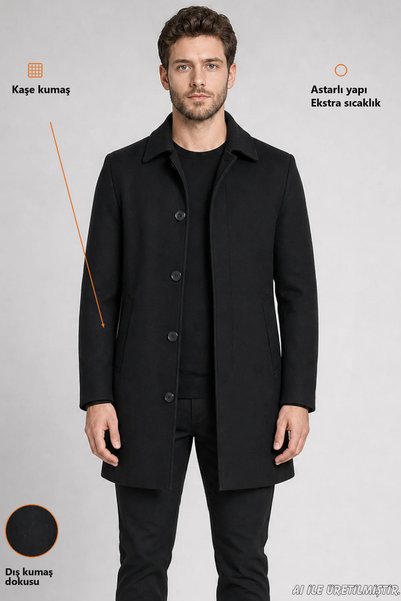 Freemen Erkek Siyah Slim Fit Kaşe Kaban Klasik Yaka 3 Düğmeli Kısa Kesim Kışl...