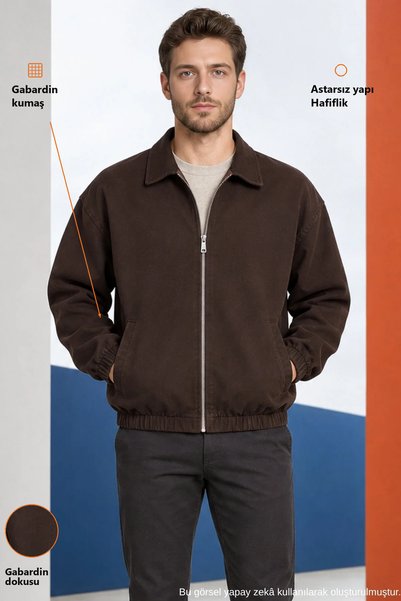 Freemen Erkek Basic Gabardin Kumaş Fermuarlı Oversize Mevsimlik Polo Yaka Kir...