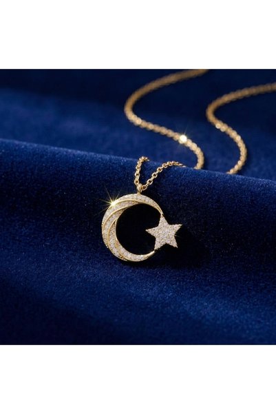 Azim Silverr 925 Ayar Gümüş Gold Zirkon Taşlı Ay Yıldız Kadın Kolye Türk Bayr...