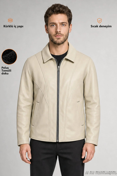 Freemen Men's Cream Zippered Regular Fit Faux Leather Jacket with Fur Inside
