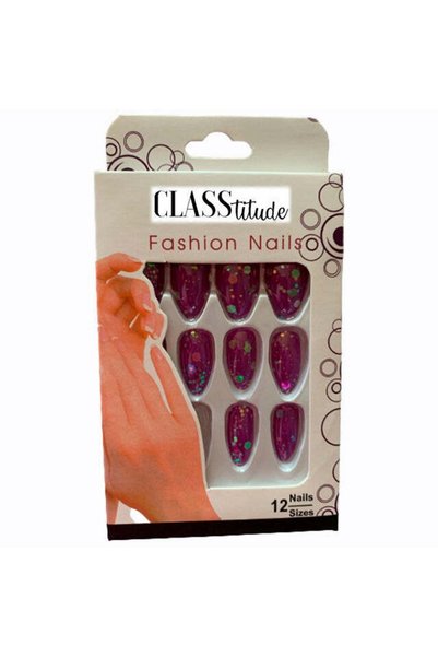 KESNUP Set de 12 unghii false autoadezive cu sclipici, magenta