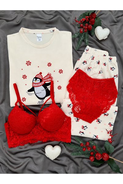 Lena Homewears طقم بيجامة وافل فاخر بأكمام طويلة وياقة دائرية وحمالة صدر منقو...