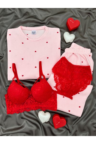 Lena Homewears طقم بيجامة وافل فاخر من 4 قطع بنمط قلب وردي، يشمل حمالة صدر وي...
