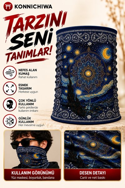 FG KONNİCHİWA قناع وجه بتصميم ستاري نايت ماندالا وغطاء للرقبة وغطاء متعدد الأ...