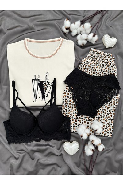 Lena Homewears Leopard Patterned 4-Piece Bralette Crew Neck Long Sleeve Premi...