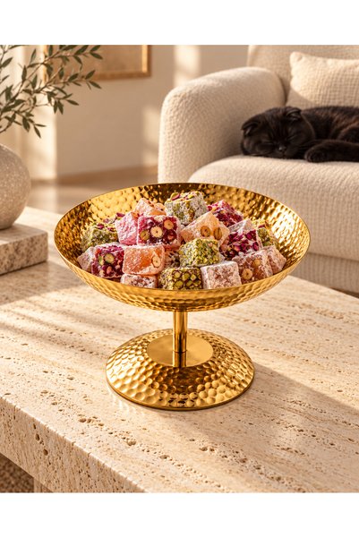 Artemia Home Gold Ayaklı Lokumluk 14 cm – Dövme Desenli Metal Şekerlik, Çikol...