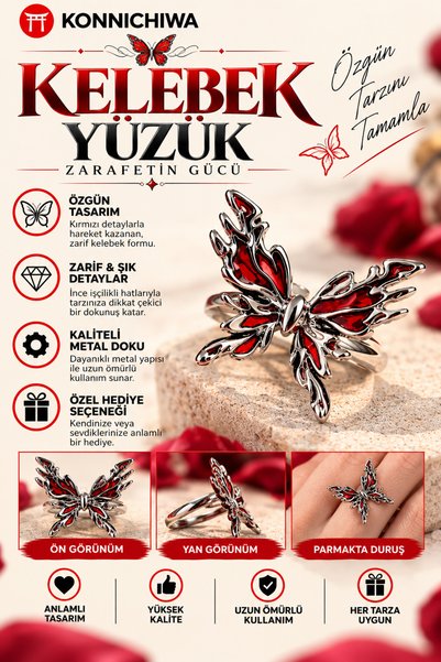FG KONNİCHİWA Butterfly Ring – Silver Color Elegant Ring with Red Stone Detail