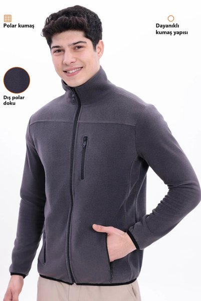 Freemen Men's Anthracite Mock Neck Chest Pockets Zippered Warm Fleece Jacket