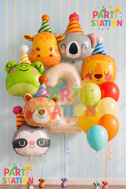 Parti Station Safari Animals Concept 1 Year Old Cream Balloon Set 13 Piece An...