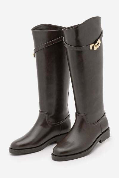 Marjin Women's Buckle Riding Boots with Bellows and No Zipper, Velote Brown