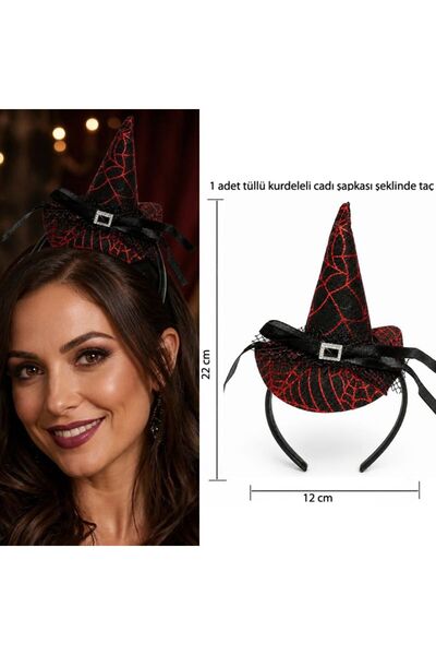 partidolu Halloween Kırmızı Renk Ağ Desenli Tüllü Kurdeleli Cadı Şapkası Şekl...