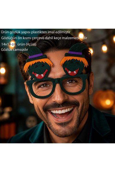 partidolu Halloween Şapkalı Cadı Keçe Parti Gözlüğü Yeşil Renk 1 Adet