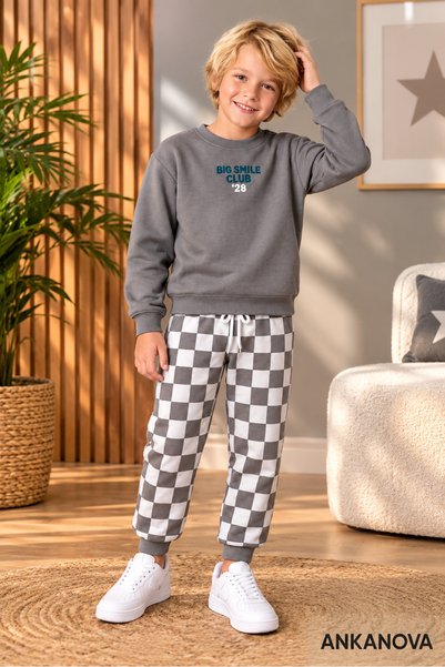 ANKANOVA Boys' Two-Thread Fabric Casual Stylish Checkered Pattern Tracksuit B...