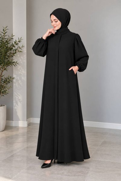 hakka Medine İpeği Balon Kollu Düz Kesim Ferace Abaya – 4 Mevsim Şık Tesettür