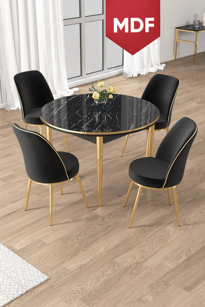 Canisa Osle Serisi MDF 90x90 Yuvarlak Siyah Mermer Desen Mutfak Masa Takımı 4...
