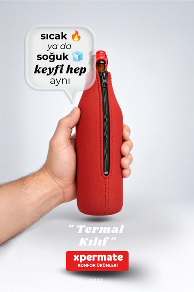 XPERMATE 500 ml Fermuarlı Bira Şişesi Kılıfı Neopren Termal Soğuk Tutucu Kırmızı
