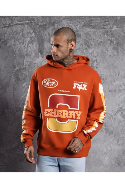 Overdrive Hanorac cu glugă din bumbac cu 3 fire, imprimat cu Cherry Fox Orang...