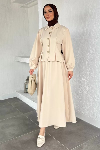TOZLU Gold Button Detailed Jacket with Belt Accessories, Elastic Waist Skirt,...