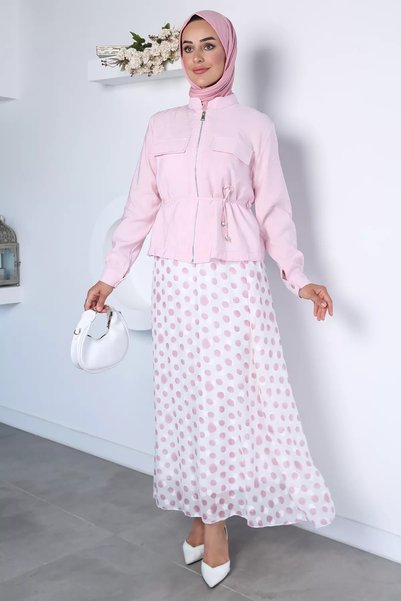 TOZLU Waist Tie Detailed Jacket Polka Dot Elastic Waist Skirt Hijab Double Set