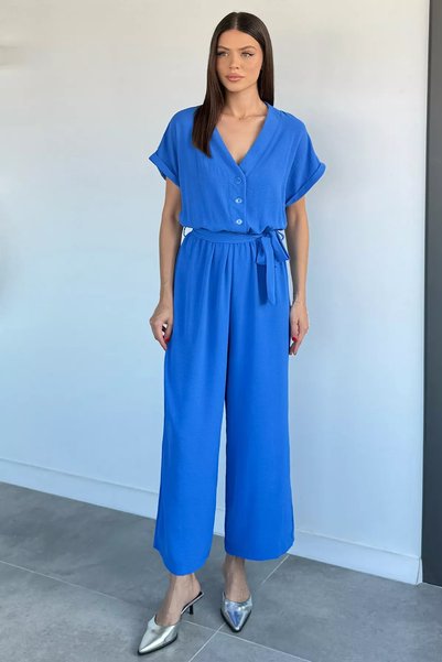 TOZLU Women's Jumpsuit with Front Button Detail and Elastic Waist Belt