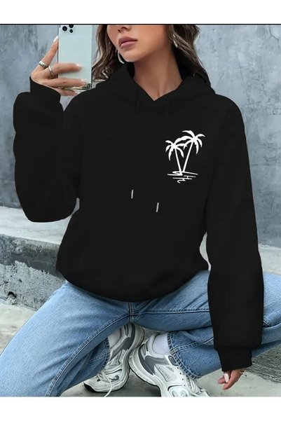 Medinenur Palm Tree Printed Hooded Sweatshirt with Pockets