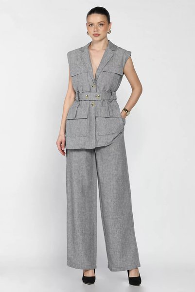 TOZLU Women's Waist Belted Vest and Trousers Two-Piece Set