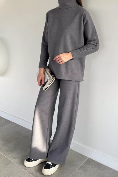 TOZLU Turtleneck Casual Blouse and Pants Double Set