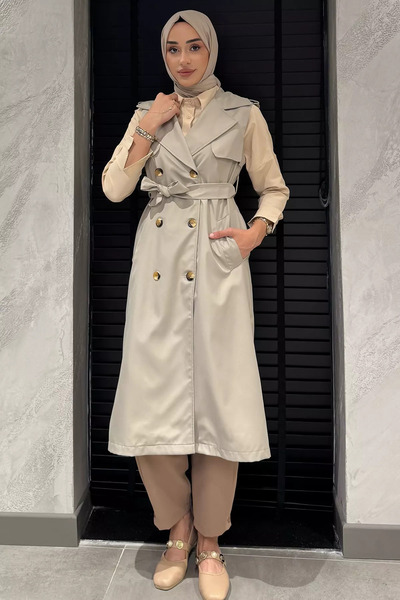 TOZLU Double-breasted collar waist belt detailed front buttoned hijab trench ...