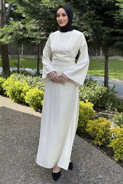 TOZLU Hijab Side Tie Stoned Satin Evening Dress
