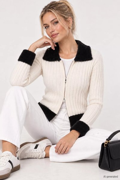 TOZLU Cardigan tricotat cu guler tip cămașă și fermoar (potrivit pentru mărim...