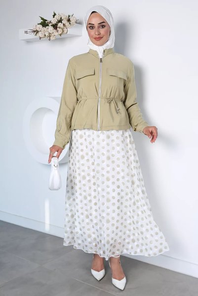 TOZLU Waist Tie Detailed Jacket Polka Dot Elastic Waist Skirt Hijab Double Set