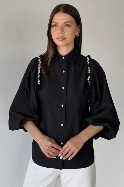 TOZLU Women's Stone Embroidered Balloon Sleeve Shirt