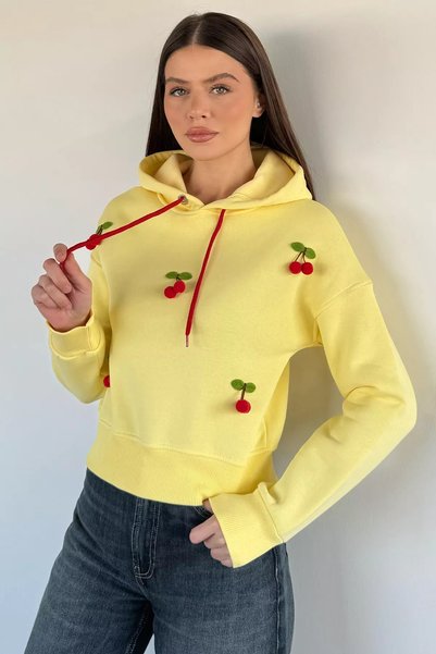 TOZLU Hanorac de damă cu glugă, cu trei fire, cu model cireșe
