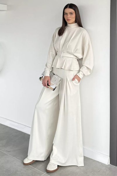 TOZLU Women's Thessaloniki Fabric Belted Blouse and Trousers Two-Piece Set