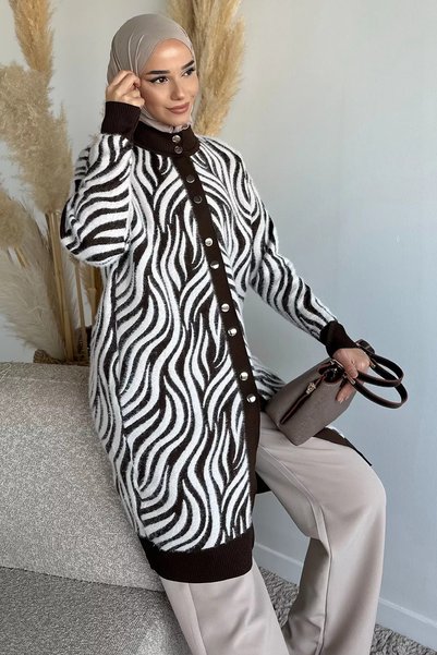 TOZLU Patterned Angora Hijab Knitwear Cardigan