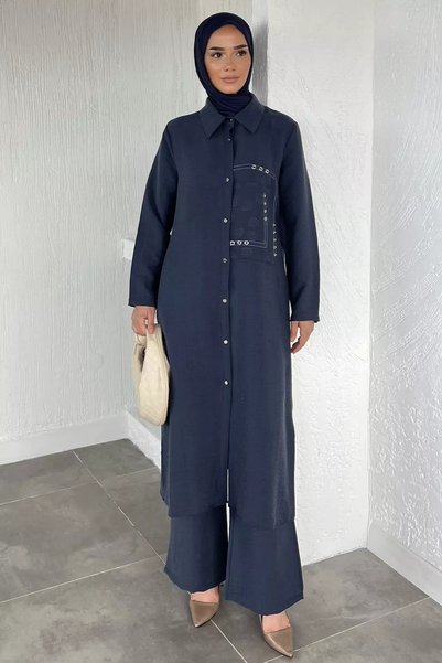 TOZLU Hijab Elastic Waist Pants and Buttoned Tunic Double Set