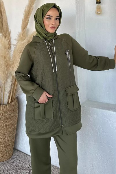 TOZLU Quilted Brooch Detailed Hooded Hijab Tunic and Elastic Waist Pants Doub...
