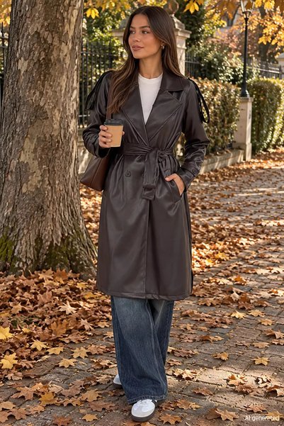TOZLU Women's Faux Leather Trench Coat with Waist Belt Detail and Front Buttons