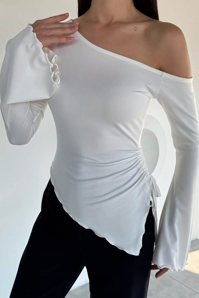 TOZLU Asymmetrical Cut Women's Blouse with Drawstring Waist
