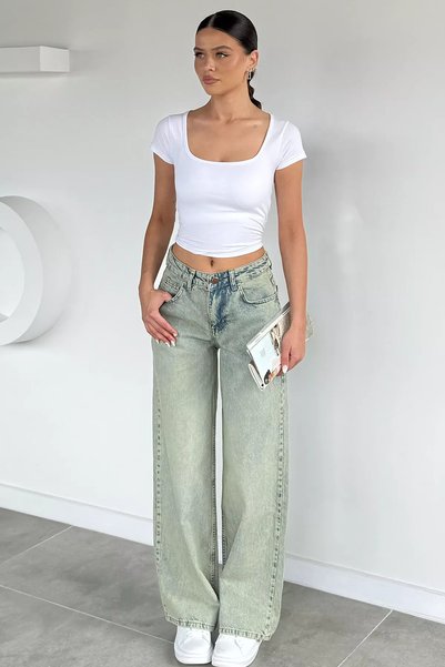 TOZLU Pantaloni de damă din denim cu talie înaltă și croială lejeră