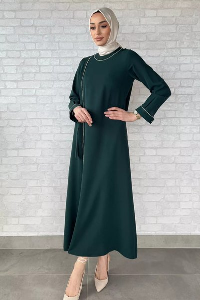 TOZLU Women's Stone Embellished Waist Belt Detailed Hijab Dress