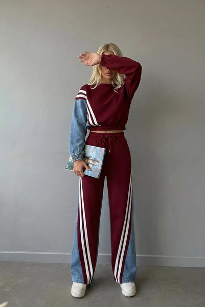 GÜLSELİ Denim Garnished Sweat Pants Double Set