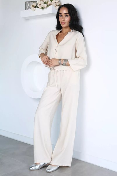 TOZLU Crop Shirt Pants Double Set