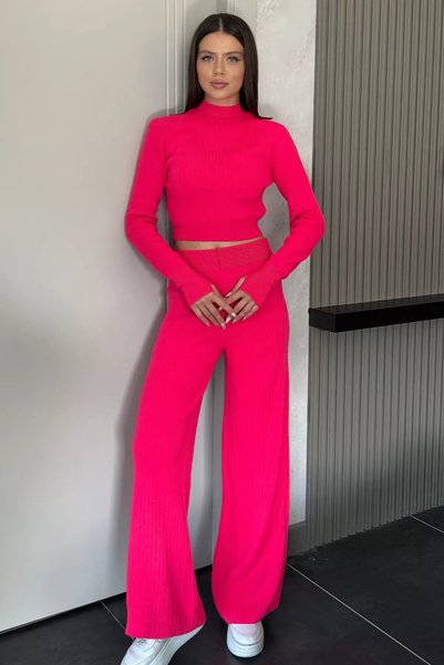 GÜLSELİ Women's Half-Turtleneck Knitted Cropped Sweater Pants Knit Top and Bo...