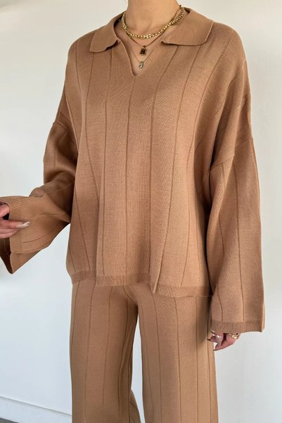 TOZLU Polo Yaka Bluz Pantolon Triko İkili Takım