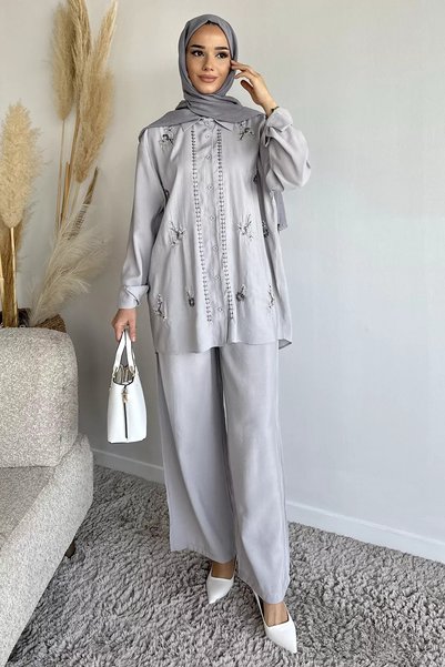 TOZLU Women's Bead Embroidered Hijab Shirt and Pants Two-Piece Set