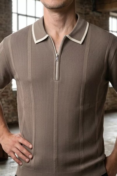 TOZLU Men's Polo Collar Half Zipper Striped Patterned Lycra Knitwear T-Shirt