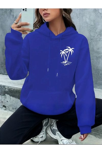 Medinenur Palm Tree Printed Hooded Sweatshirt with Pockets