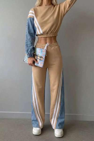 GÜLSELİ طقم بنطال رياضي من الدنيم مزين بقطعتين